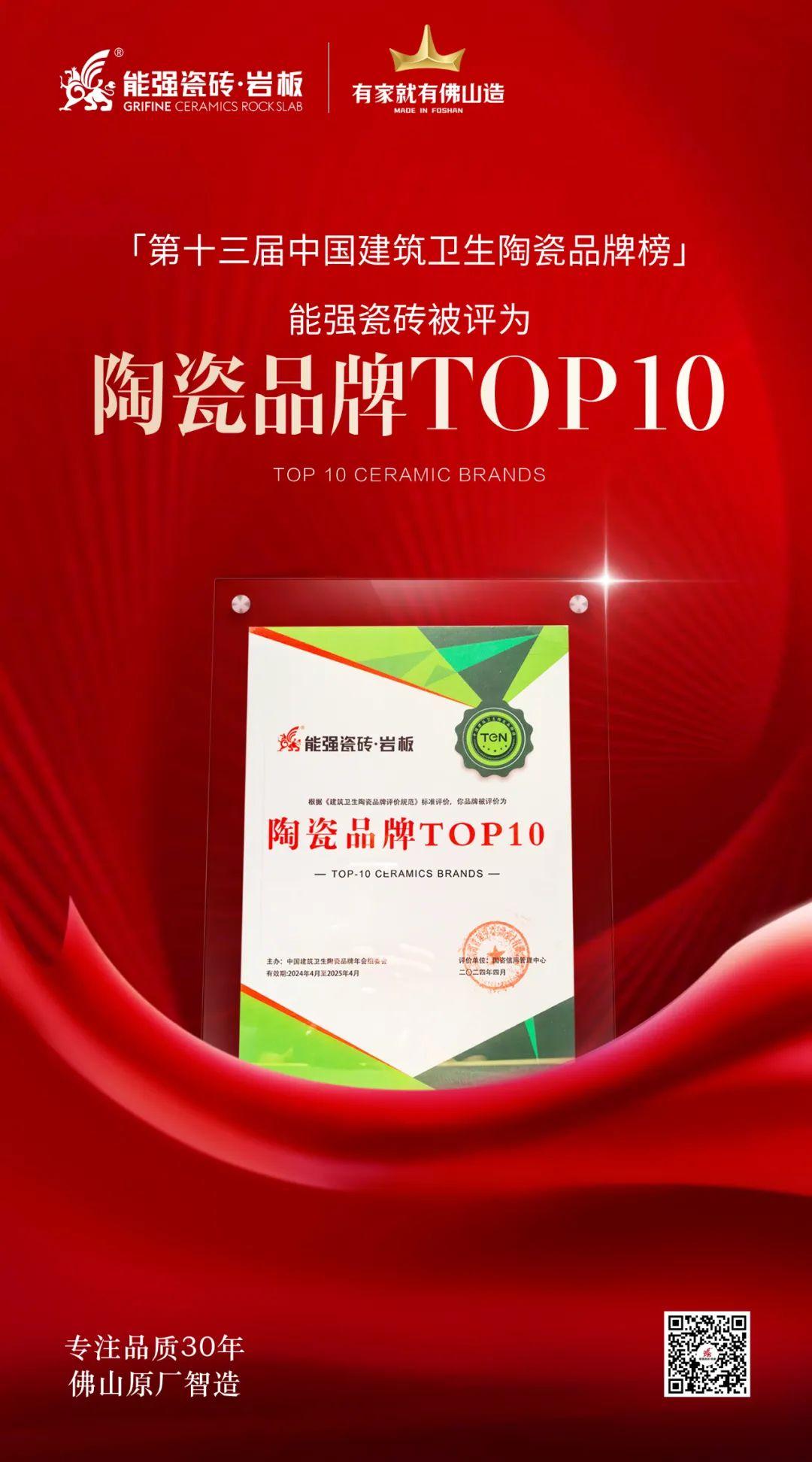 匠心榮耀丨能強瓷磚斬獲“陶瓷品牌TOP10”殊榮！